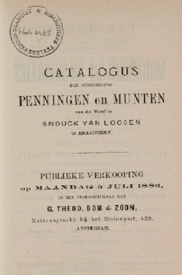 14083
<br/>
Catalogus der verzamelingen penningen en munten van de familie Snouck van Loosen te Enkhuizen
<br/>
<em></em>